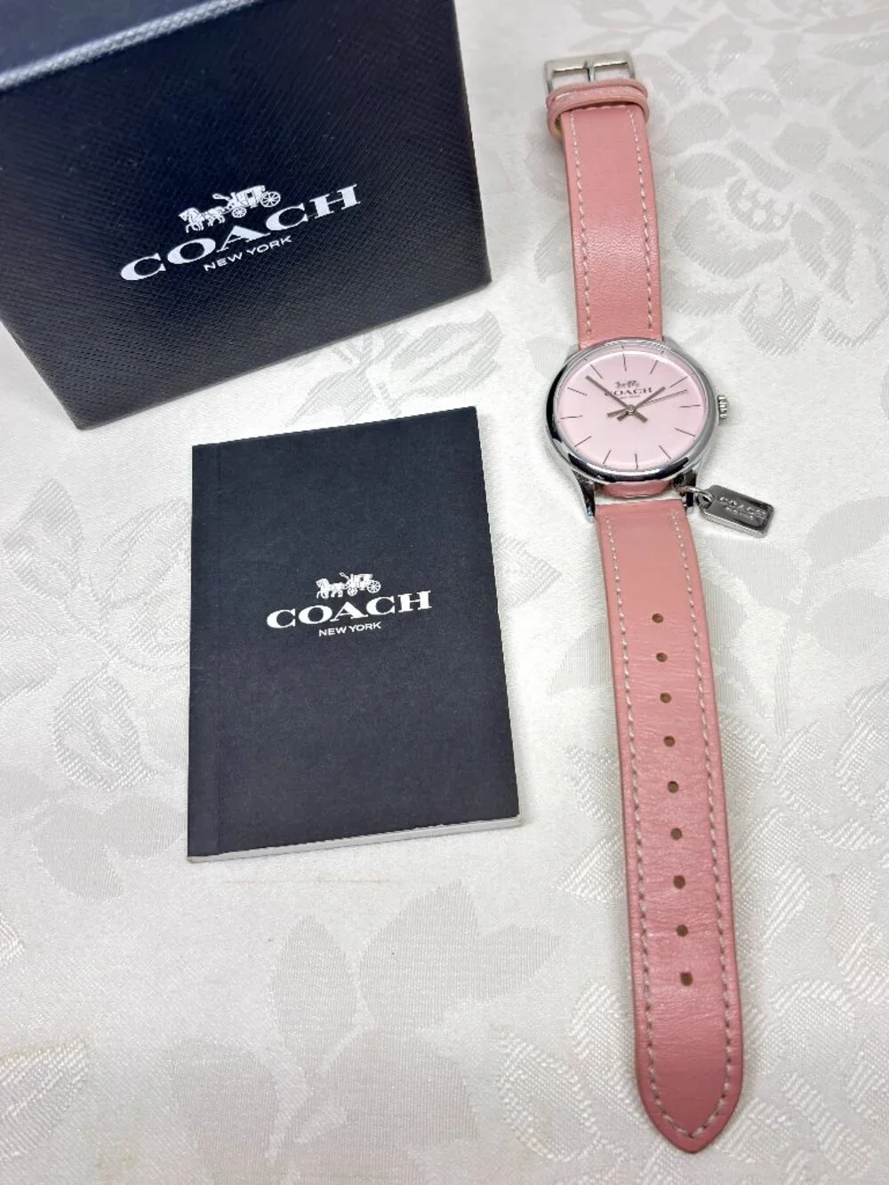 Coach Pink Blush Dial Leather Strap Watch Silver Tone Movado Quartz Charm Tag